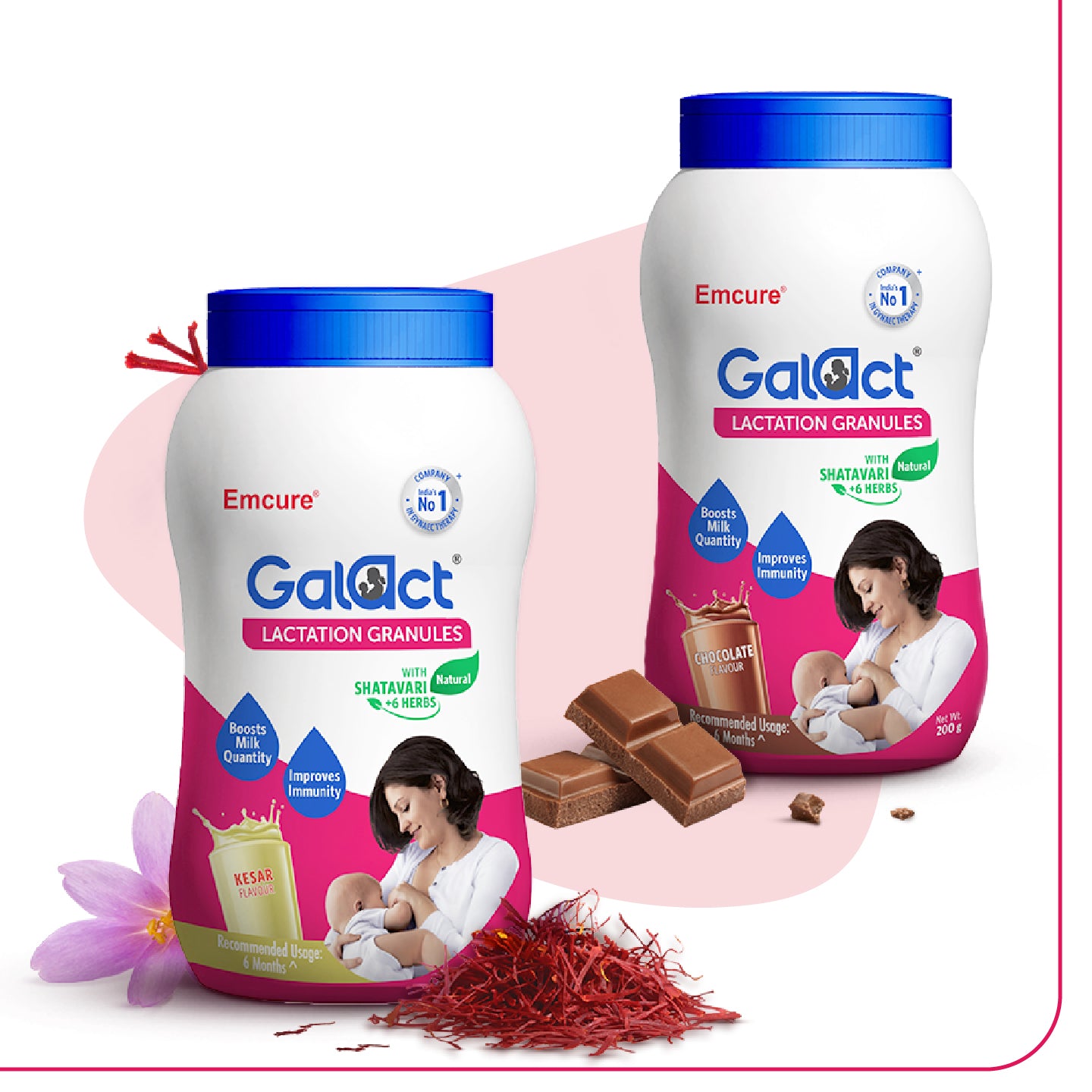Galact Lactation Granules – Chocolate + Kesar combo pack. Boosts breast milk quantity